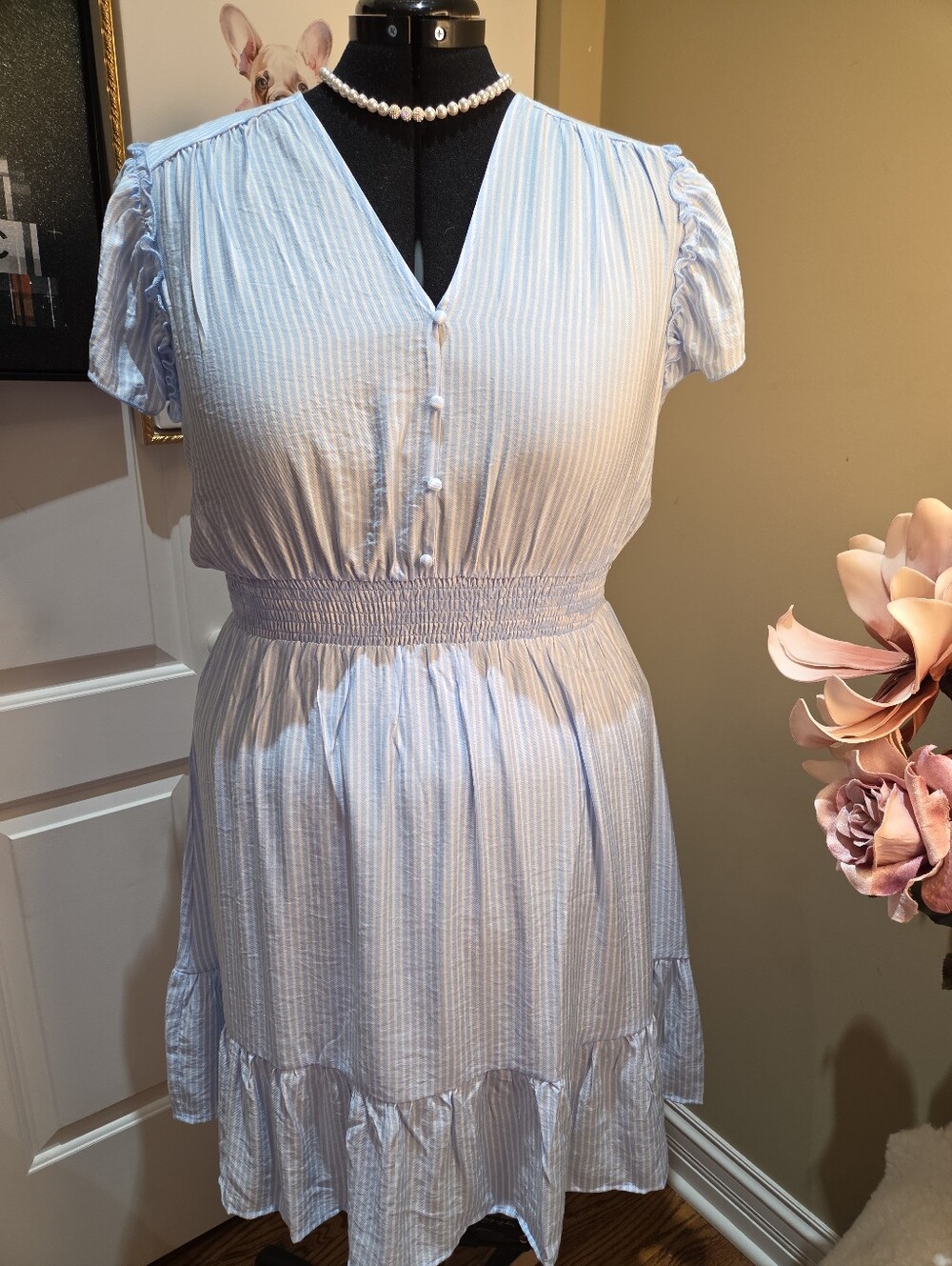 Nwt 1x& 2X Tamara H Light Blue Striped Smocked-Waist Midi Dress